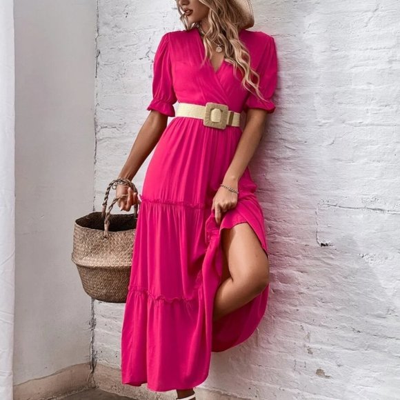 MODA ME COUTURE Dresses & Skirts - HOT PINK V-Neck Frill Trim Dress